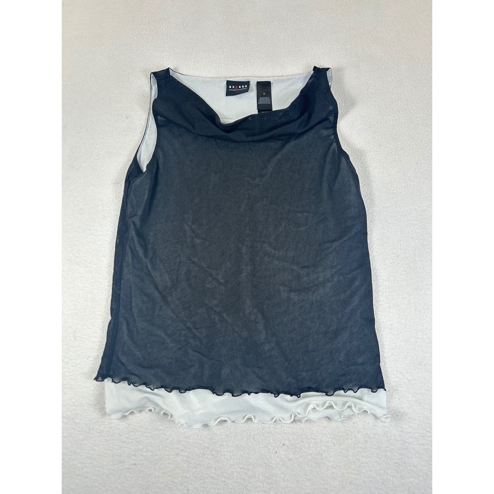 Axcess Layered Mesh Tank Top Women Medium Black White Y2K Lettuce Trim 90s Style